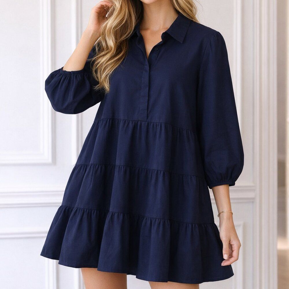 NWT TUCKERNUCK POMANDER Mabel dress mini navy tiered button shirt L cotton light